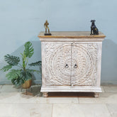 Carved Oasis Hand Carved Mango Wood Carved 2 Doors Cabinet With Natural Top